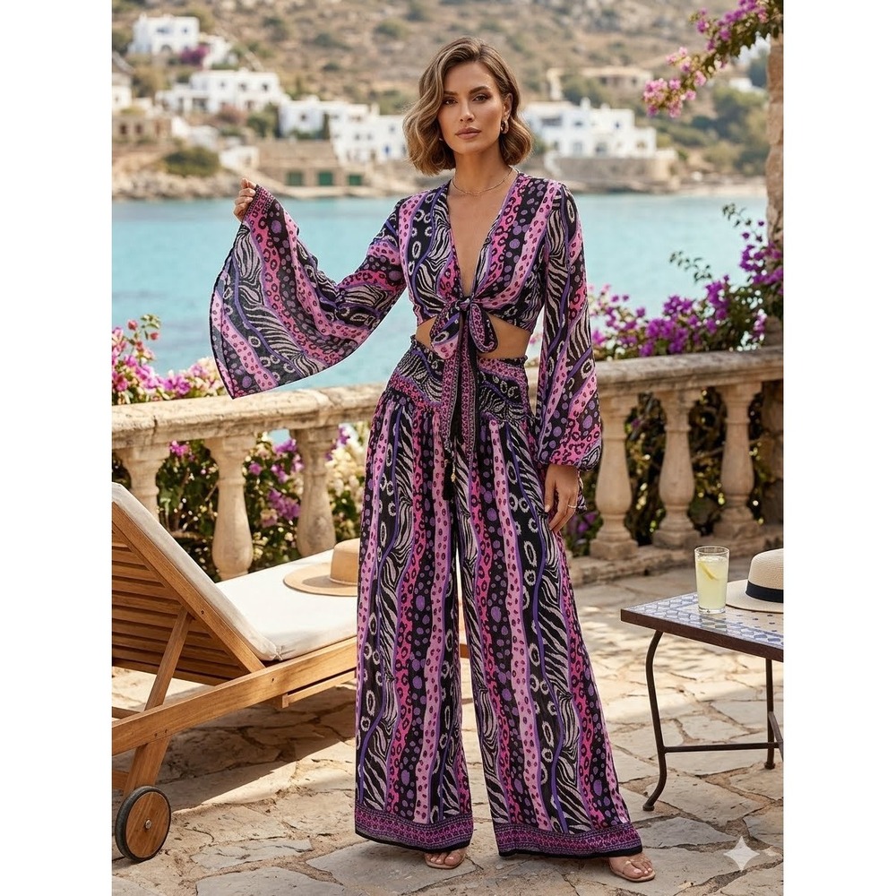 Boho Miami Silk Blend 2 Piece Set Bell Sleeve Crop Top Wide Leg Pants Purple OS